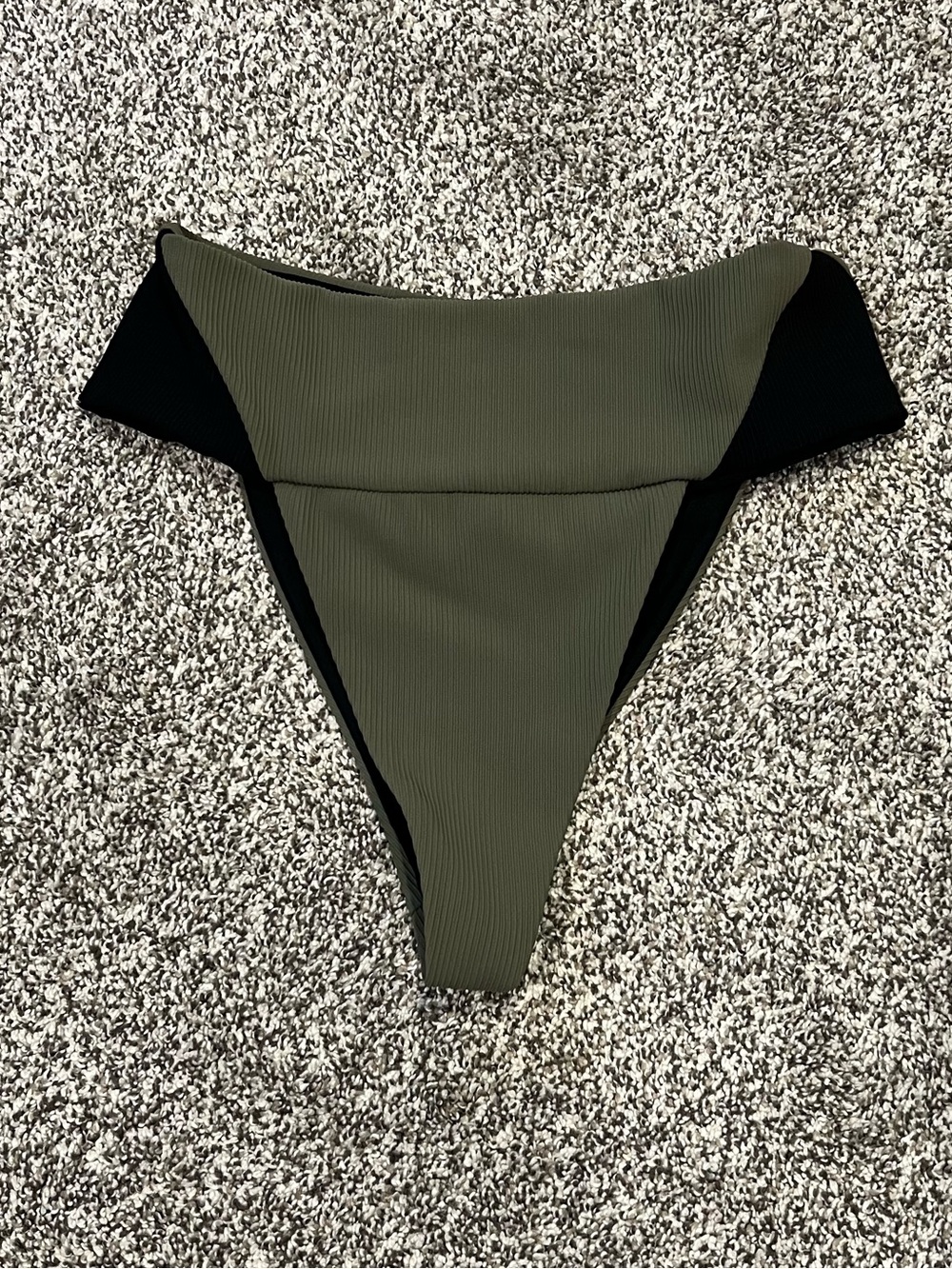 CXIX Ribbed High-Cut Bikini Bottom in Olive Green and Black